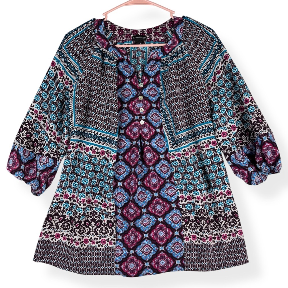 New Directions Blouse Womens 0X 3/4 Sleeve Crepe Top‎ Multicolor Geo